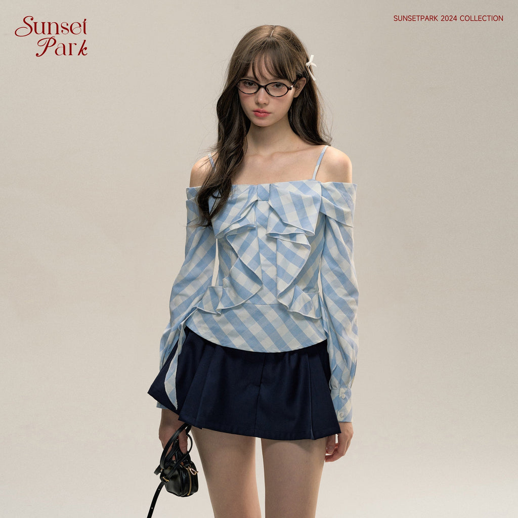 Blue Plaid One-Shoulder Bow Top
