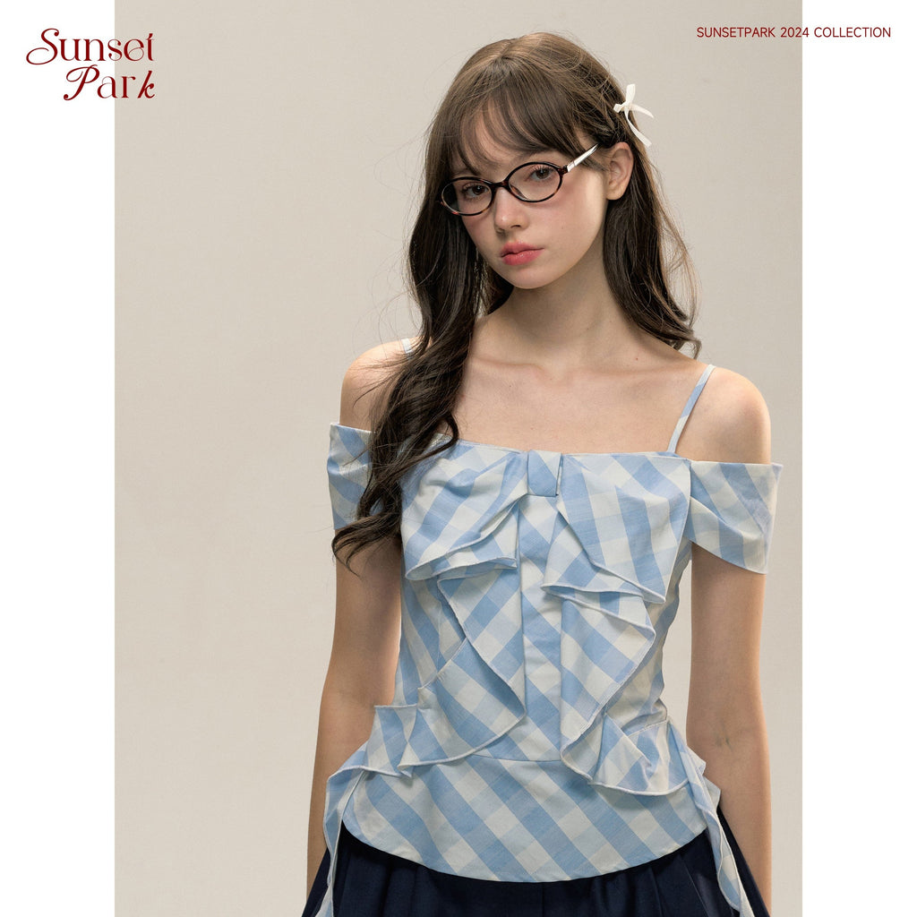 Blue Plaid One-Shoulder Bow Top