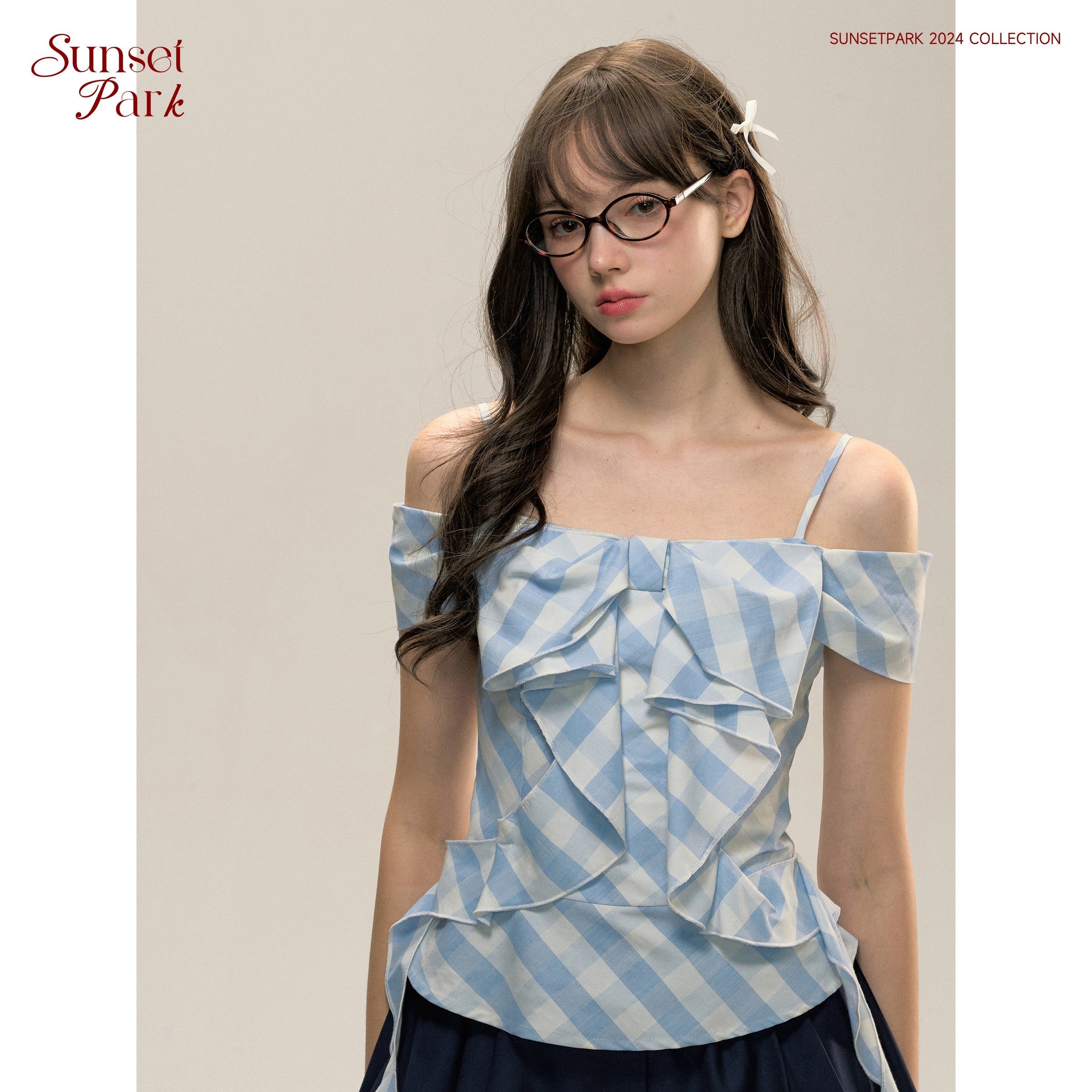 Blue Plaid One-Shoulder Bow Top