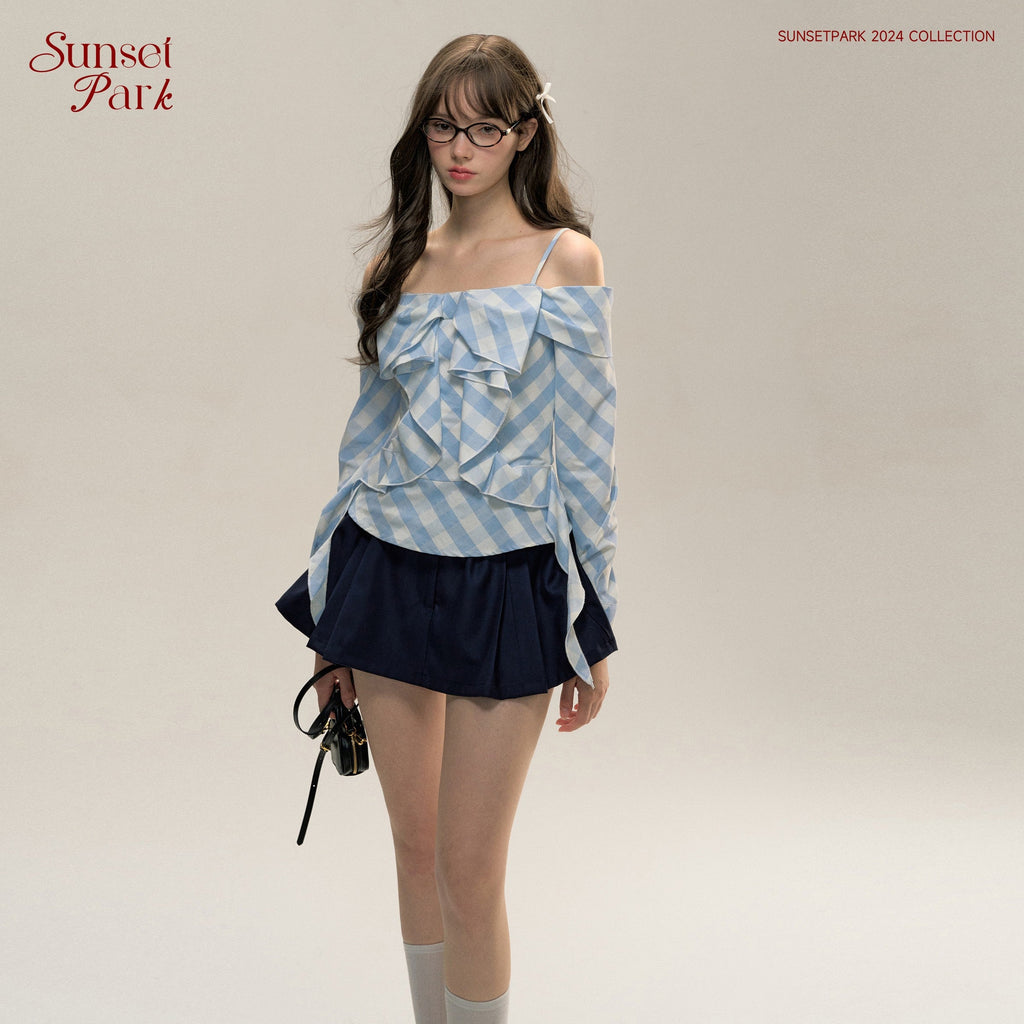 Blue Plaid One-Shoulder Bow Top