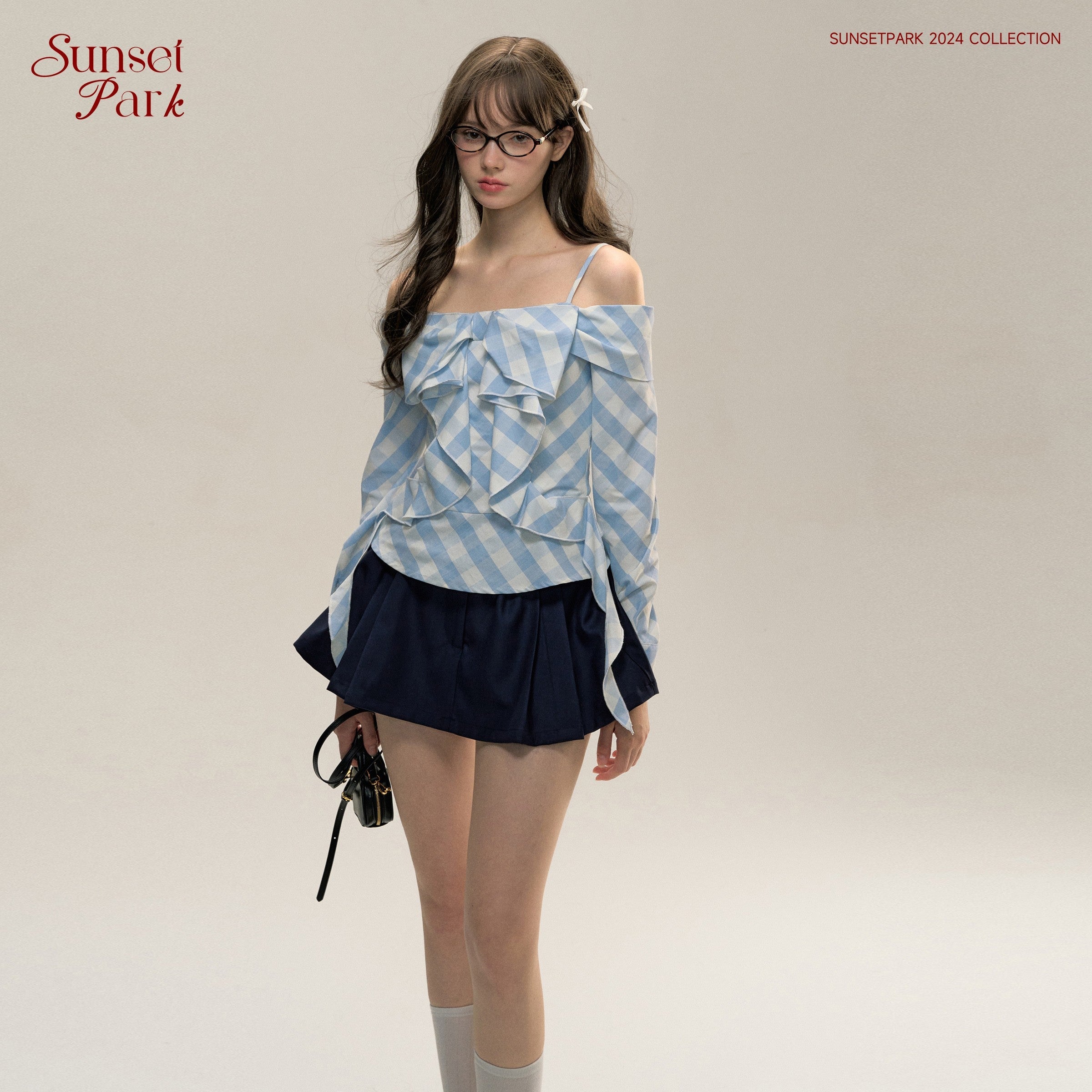 Blue Plaid One-Shoulder Bow Top