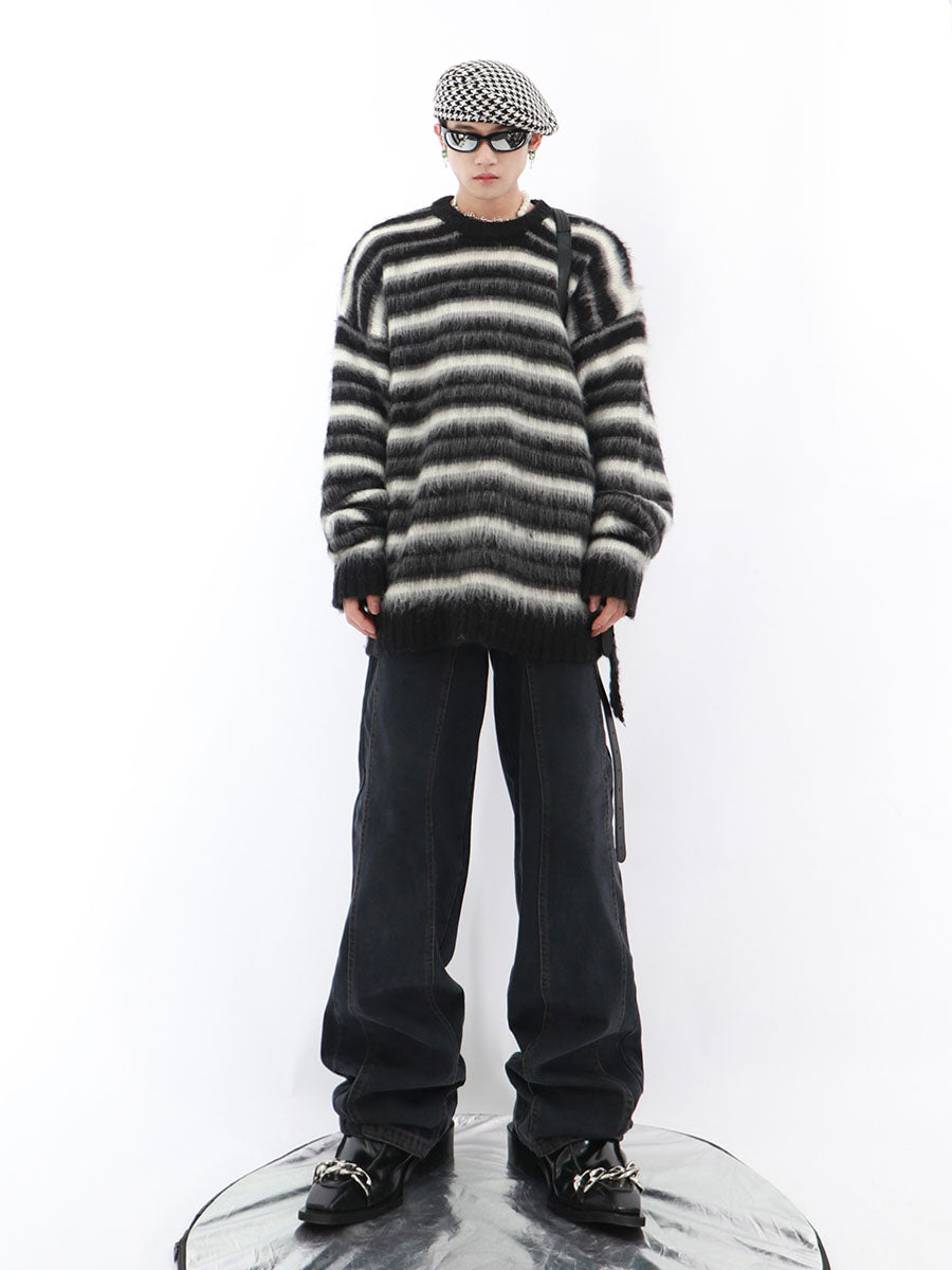 Black and White Striped Crew Neck Sweater