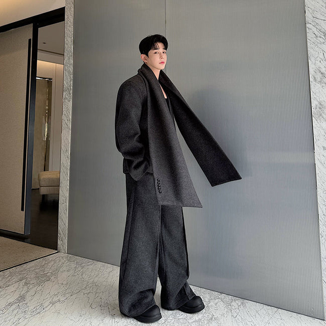 【24s Dec.】Heavy Woolen Collarless Suit, Scarf and Straight Pants Three-piece Suit Main Image