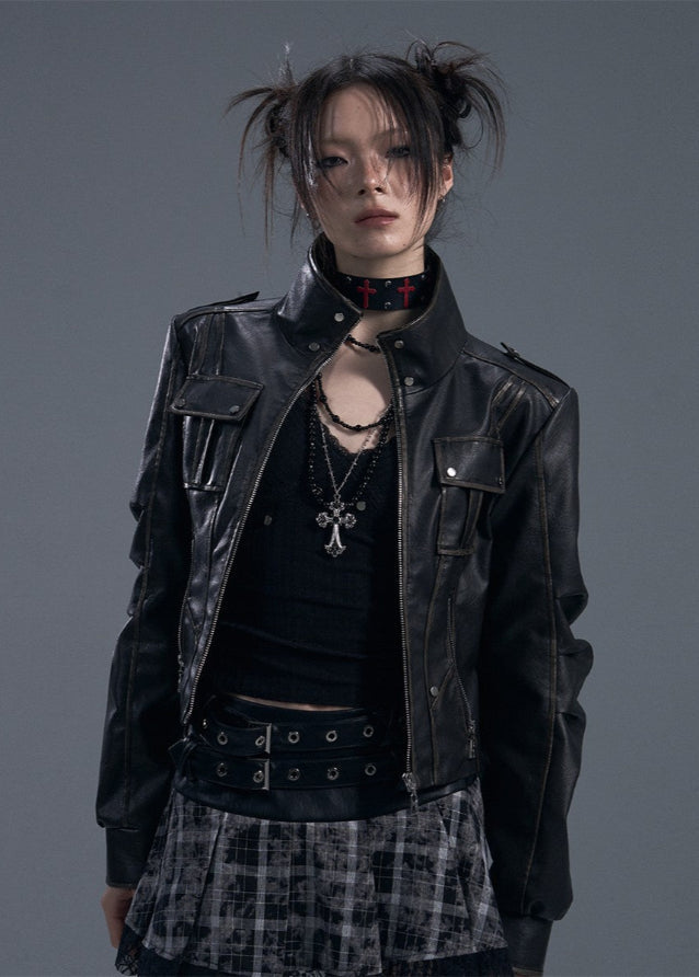 Distressed Slim Moto Leather Jacket Hover Image