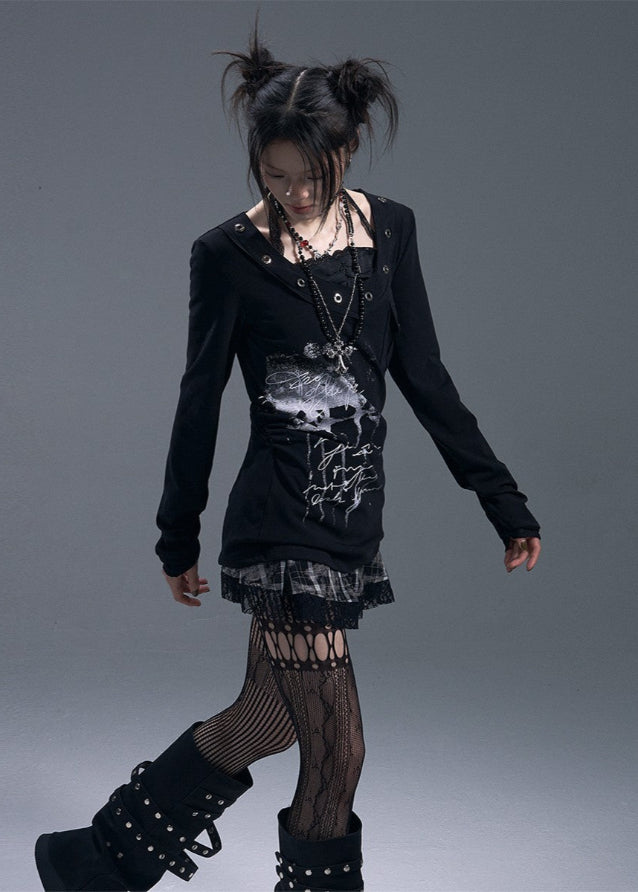 Fake Two-piece Printed Long-sleeved T-shirt