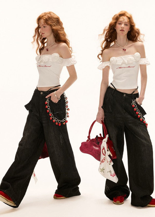 Rose flower off-shoulder slim short tops