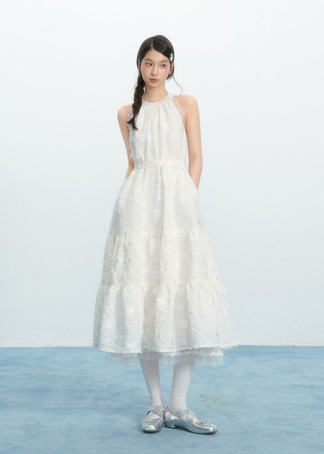 Textured Jacquard Tassel Halter Long Dress