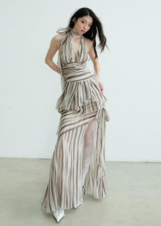 Textured Print Deep V Two-Piece Dress Set