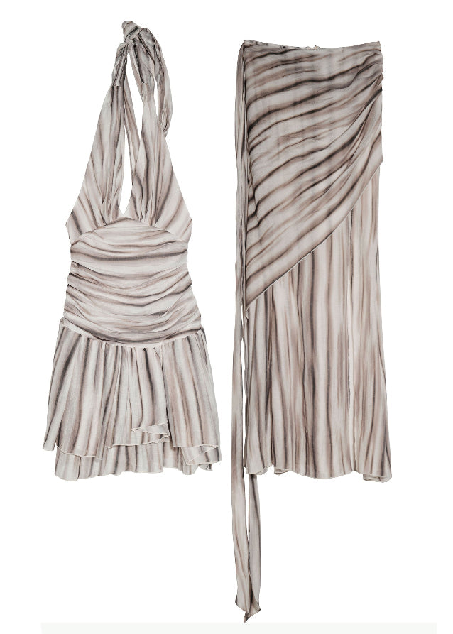 Textured Print Deep V Two-Piece Dress Set