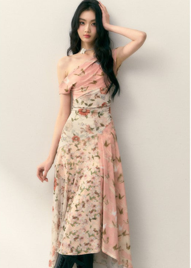 Diagonal shoulder patchwork floral dress Main Image