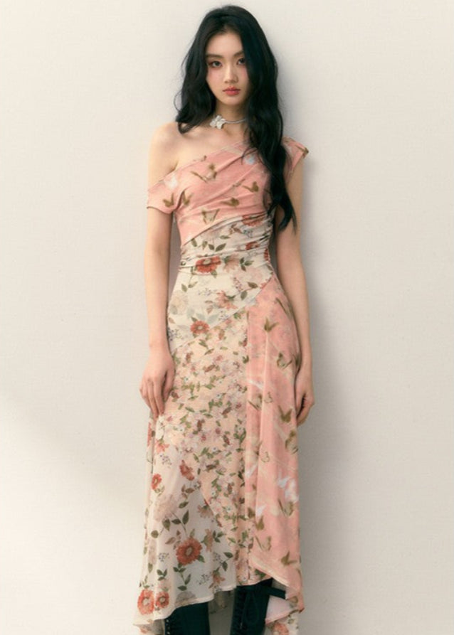 Diagonal shoulder patchwork floral dress Hover Image