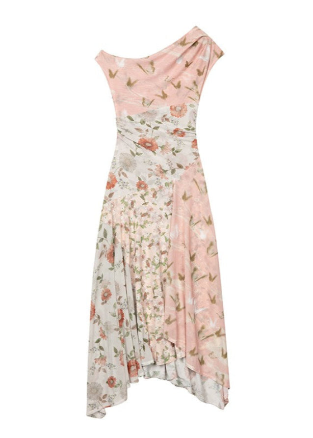 Diagonal shoulder patchwork floral dress