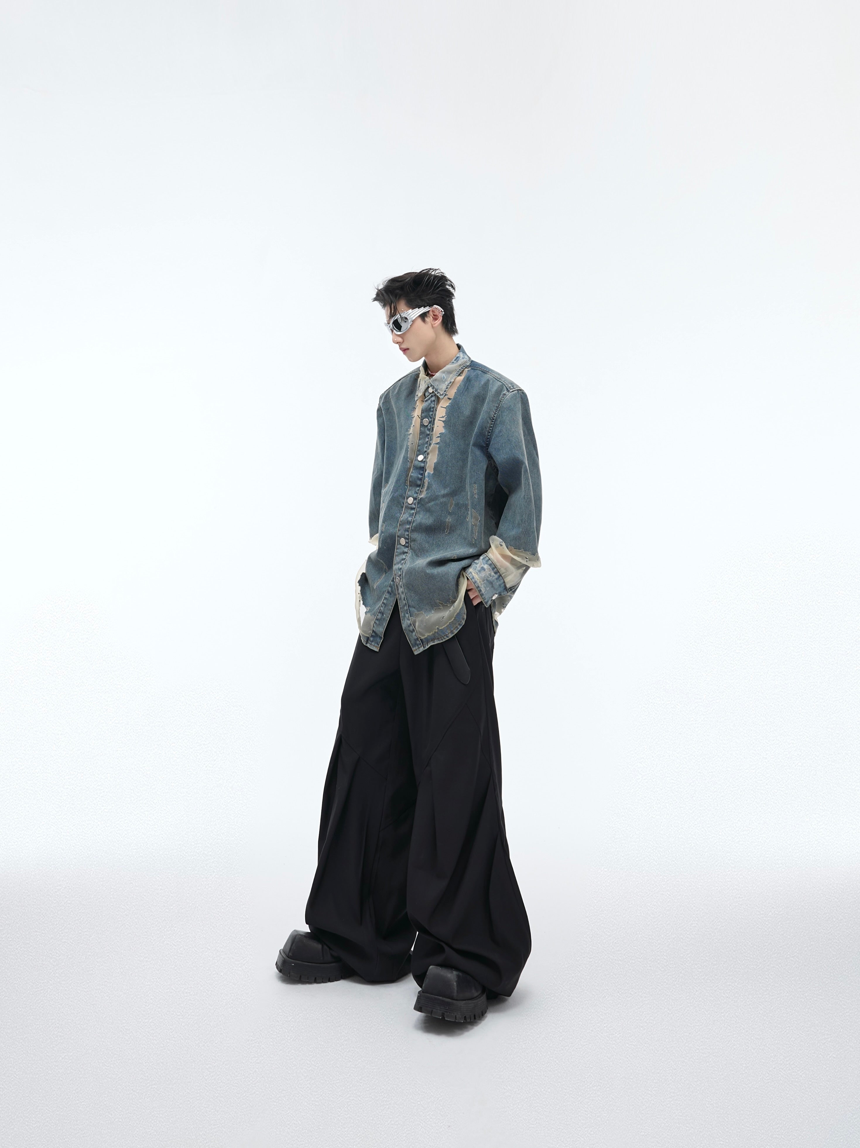 【24s April.】Mesh Hollow Design Denim Shirt