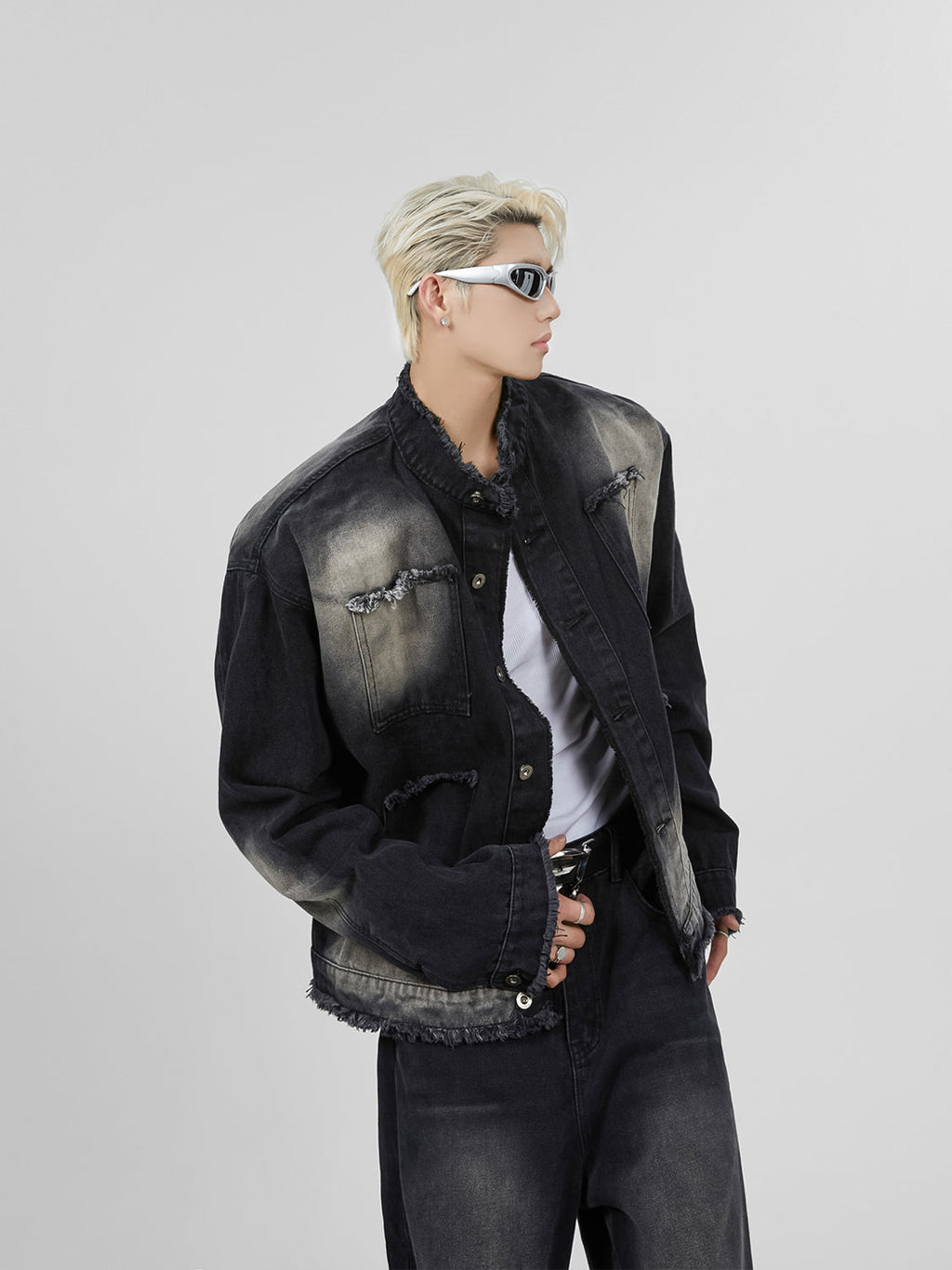 【23s November.】Distressed Brushed Stand Collar Denim Jacket