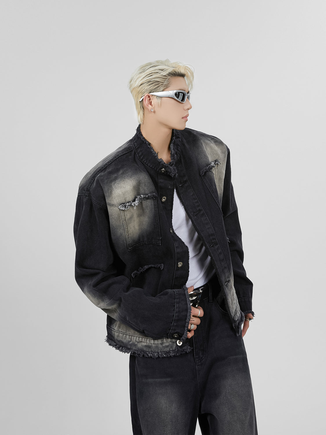 【23s November.】Distressed Brushed Stand Collar Denim Jacket