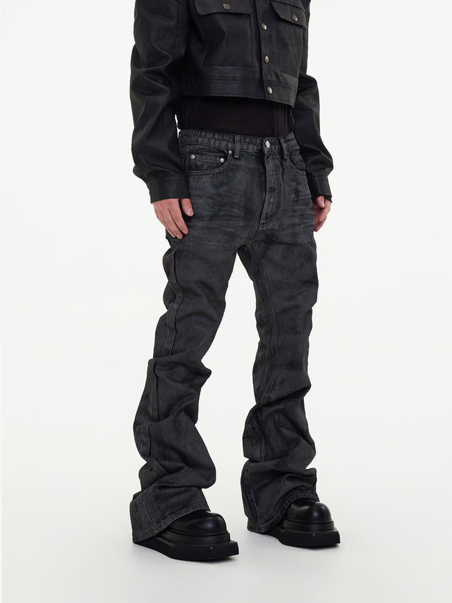 【24s May.】Hand-brushed Wax-coated Slim-fit Stacked Jeans Hover Image