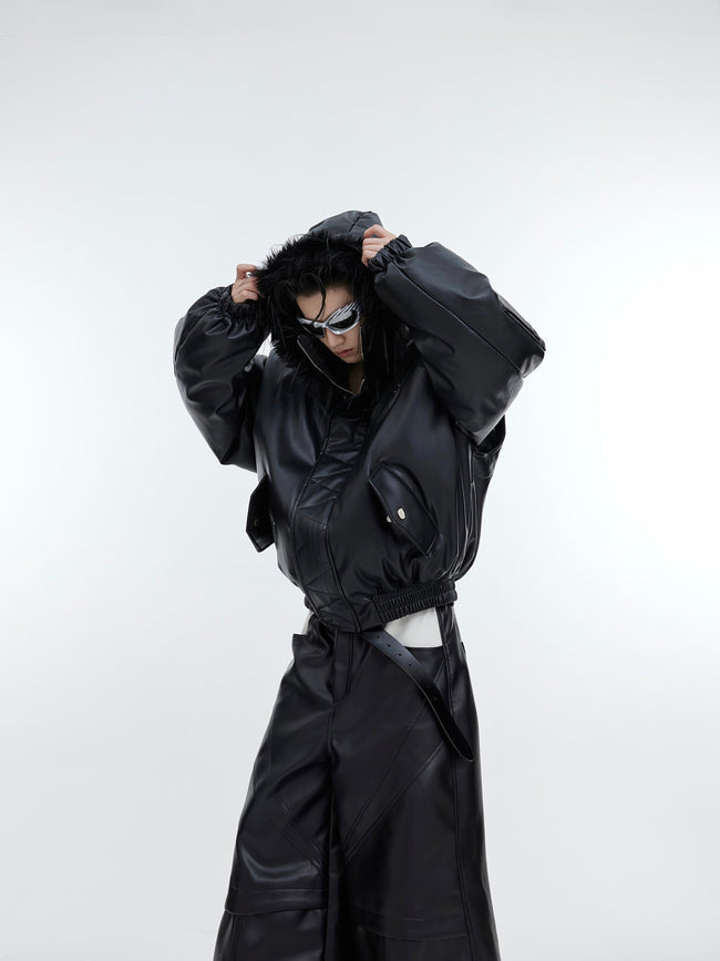 【23s November.】Deconstructed Plush Spliced PU Leather Cotton Jacket Main Image