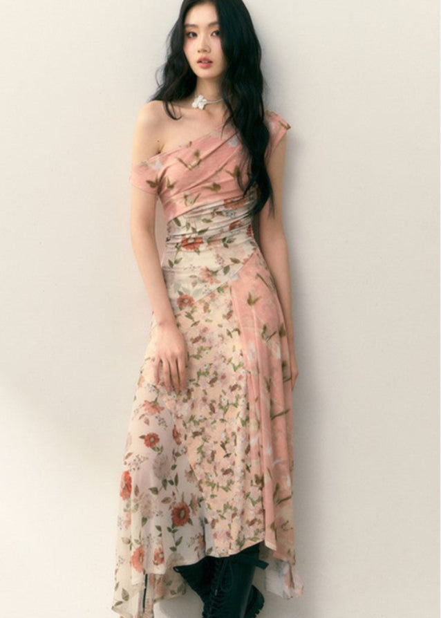 Diagonal shoulder patchwork floral dress