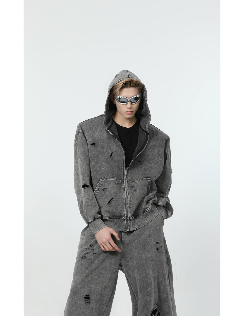 【24s March.】Destroyed Washed Distressed Hooded Cardigan Baggy Pants Suit