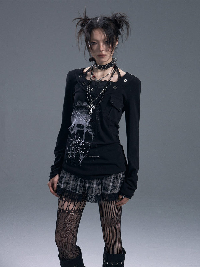 Fake Two-piece Printed Long-sleeved T-shirt
