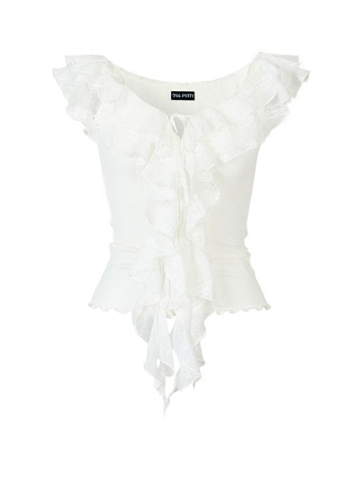 Lace Ribbon V-Neck Cinched Waist Top