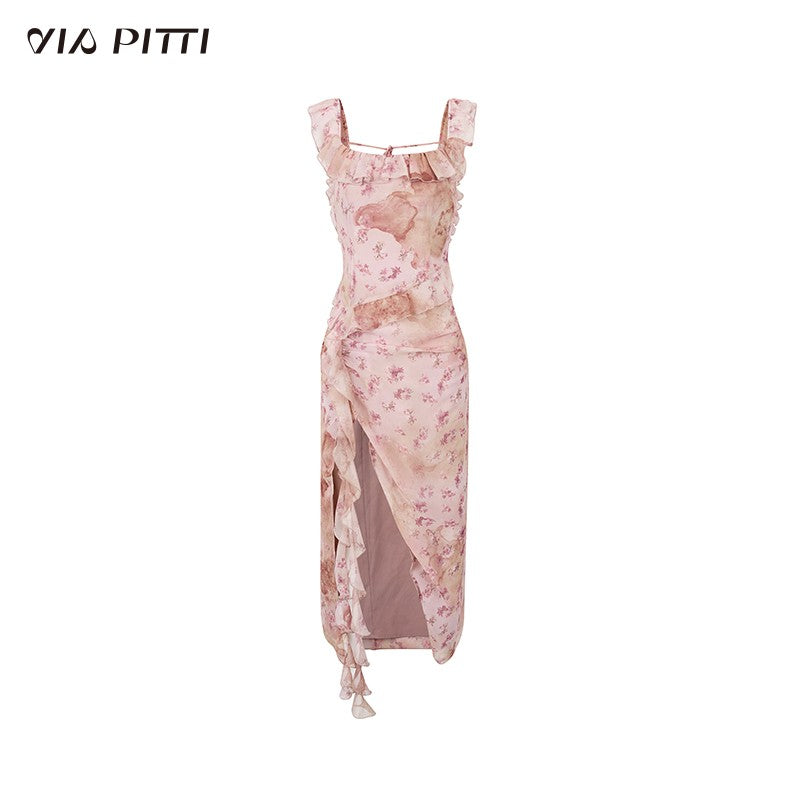 Ear-edge backless waist floral ribbon dress long skirt