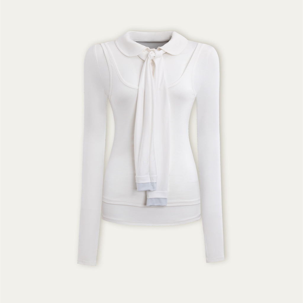 Soft Light Doll Collar Faux Two-Piece Top & Skirt Set