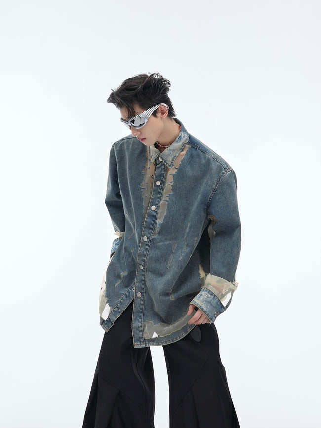 【24s April.】Mesh Hollow Design Denim Shirt Hover Image