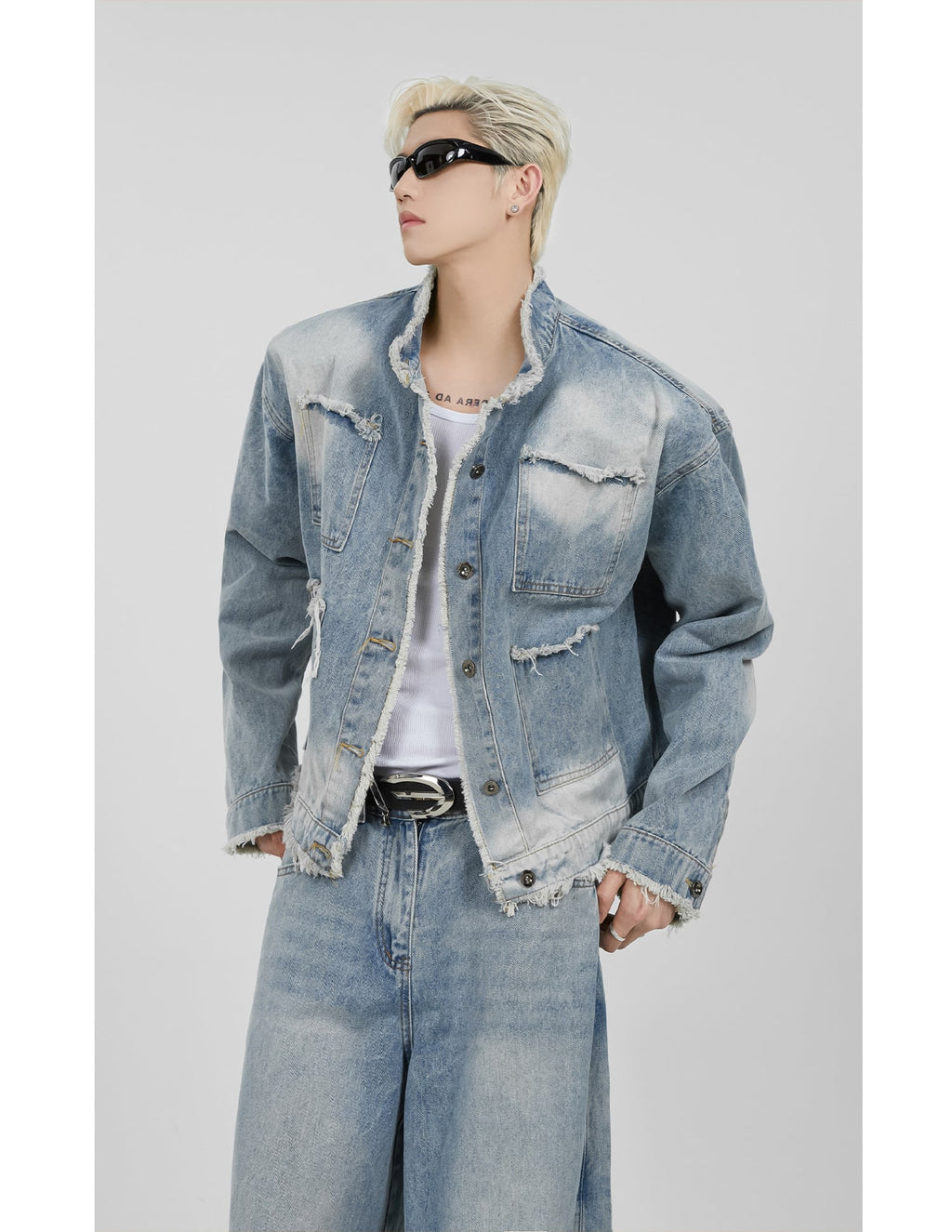 【23s November.】Distressed Brushed Stand Collar Denim Jacket