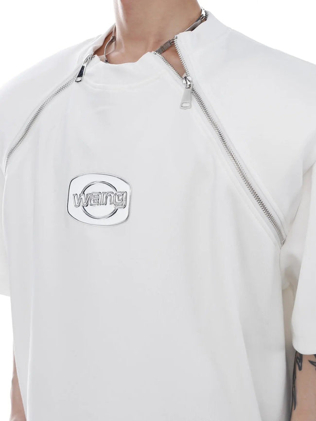 【25s Apr.】Shoulder Pad Round Neck T-shirt with Zipped Main Image