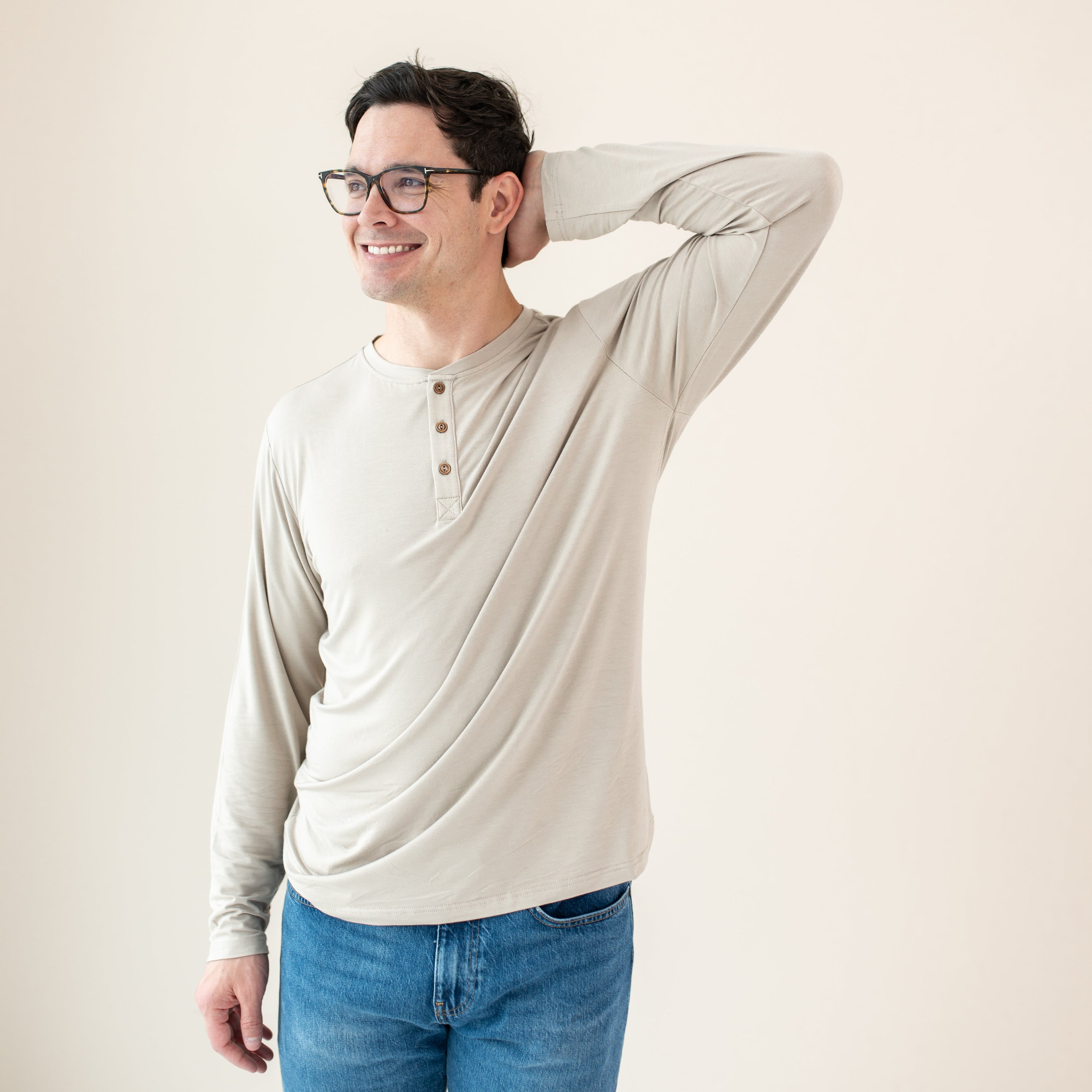 Men's Long Sleeve Henley Top in Bisque