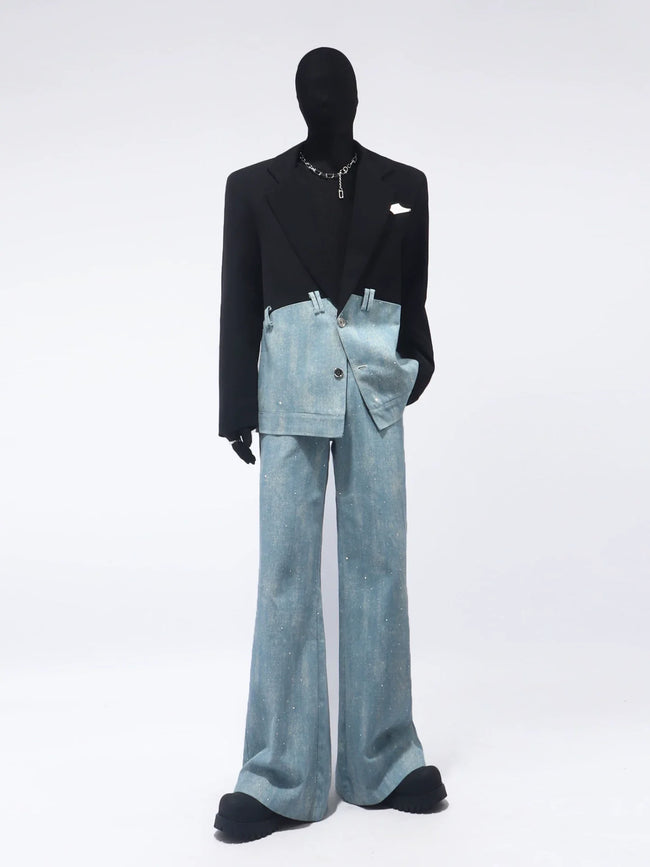 【26s Apr.】Black & Blue Panel Wide-Leg Suit Set Hover Image