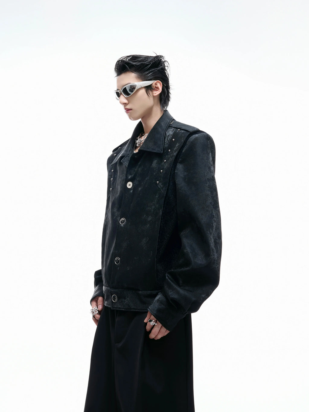 【25s Aug.】Studded Embroidered Snakeskin Leather Short Jacket