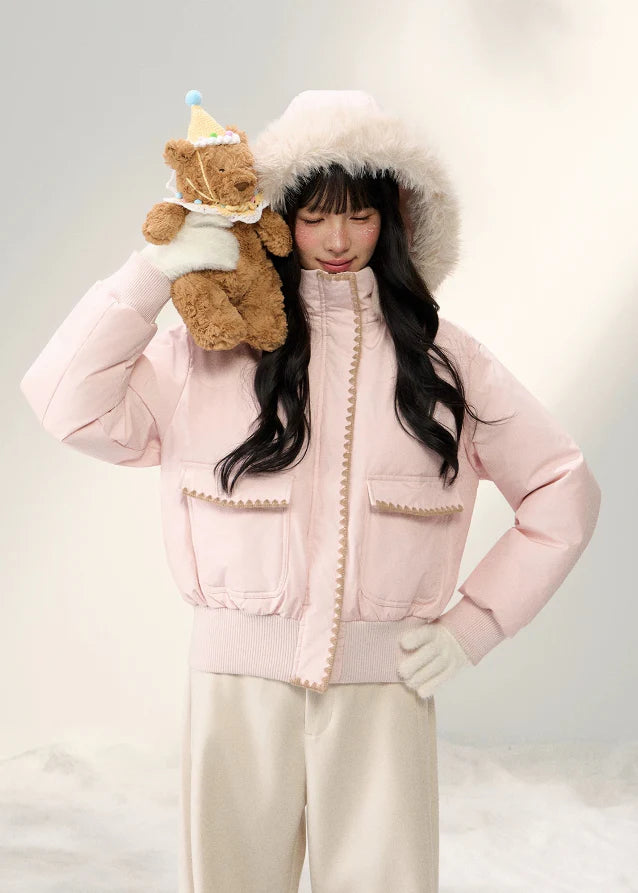 Snowflake Pastel Fur-Collar Down Jacket