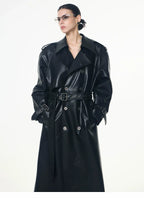 【26s May】Deconstructed PU Leather Double-Breasted Trench Coat