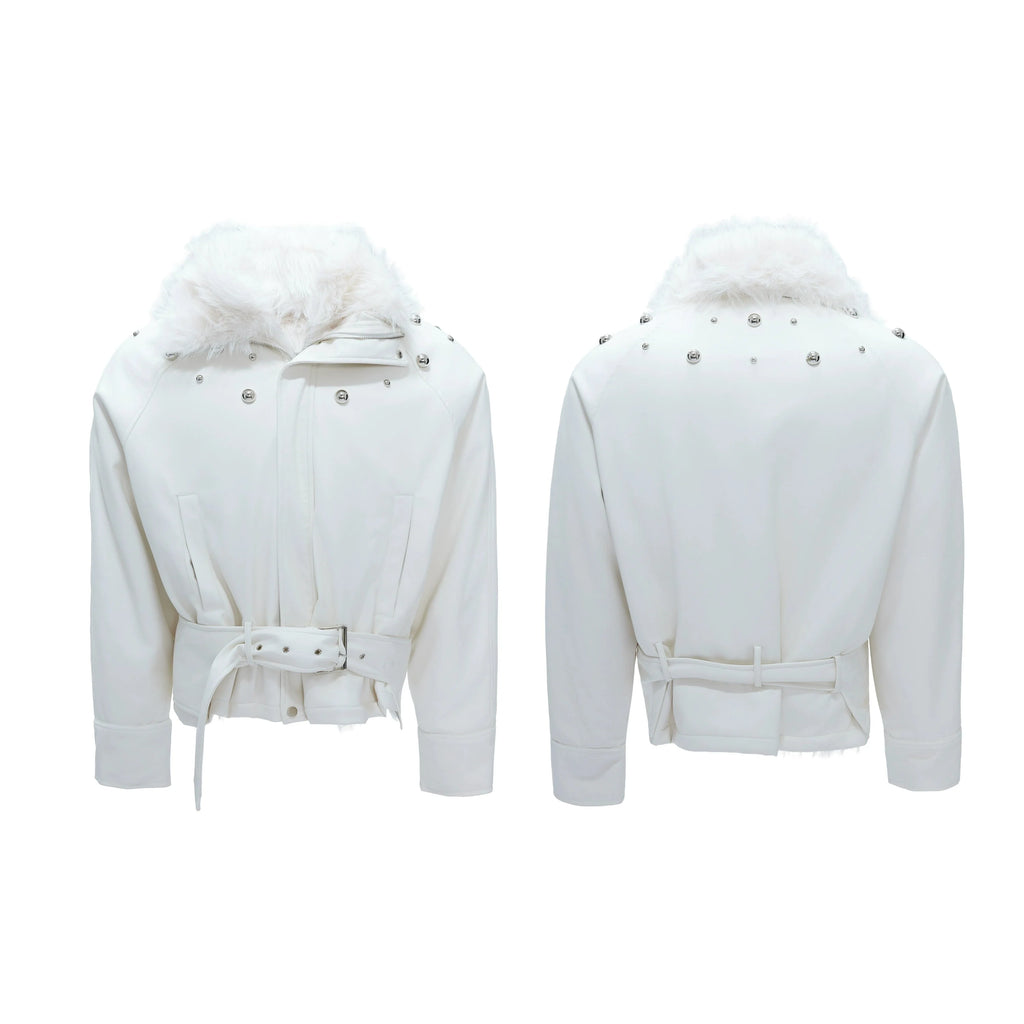 【25s Nov.】Riveted Faux Wolf Fur Collar Thickened Cotton Coat