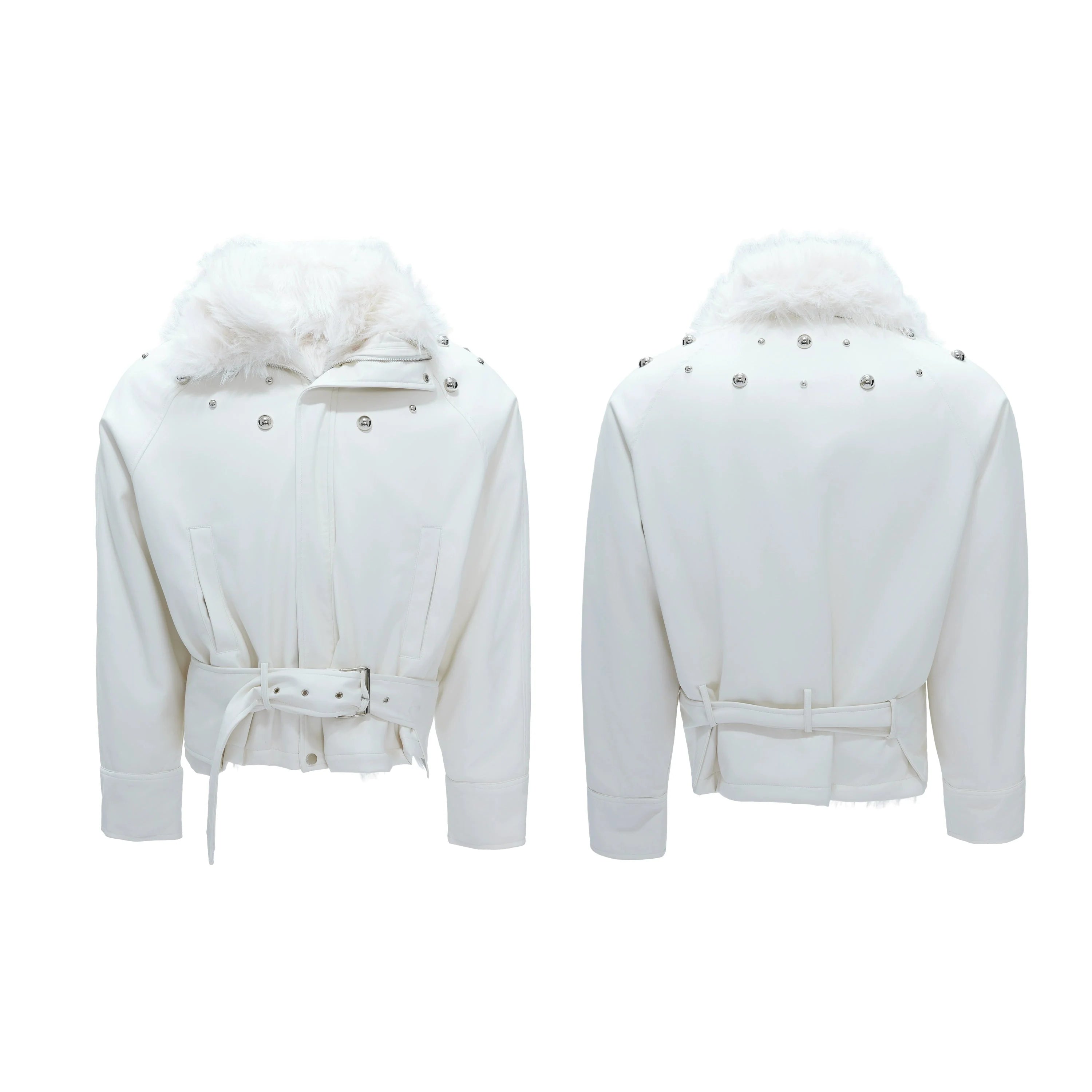 【25s Nov.】Riveted Faux Wolf Fur Collar Thickened Cotton Coat