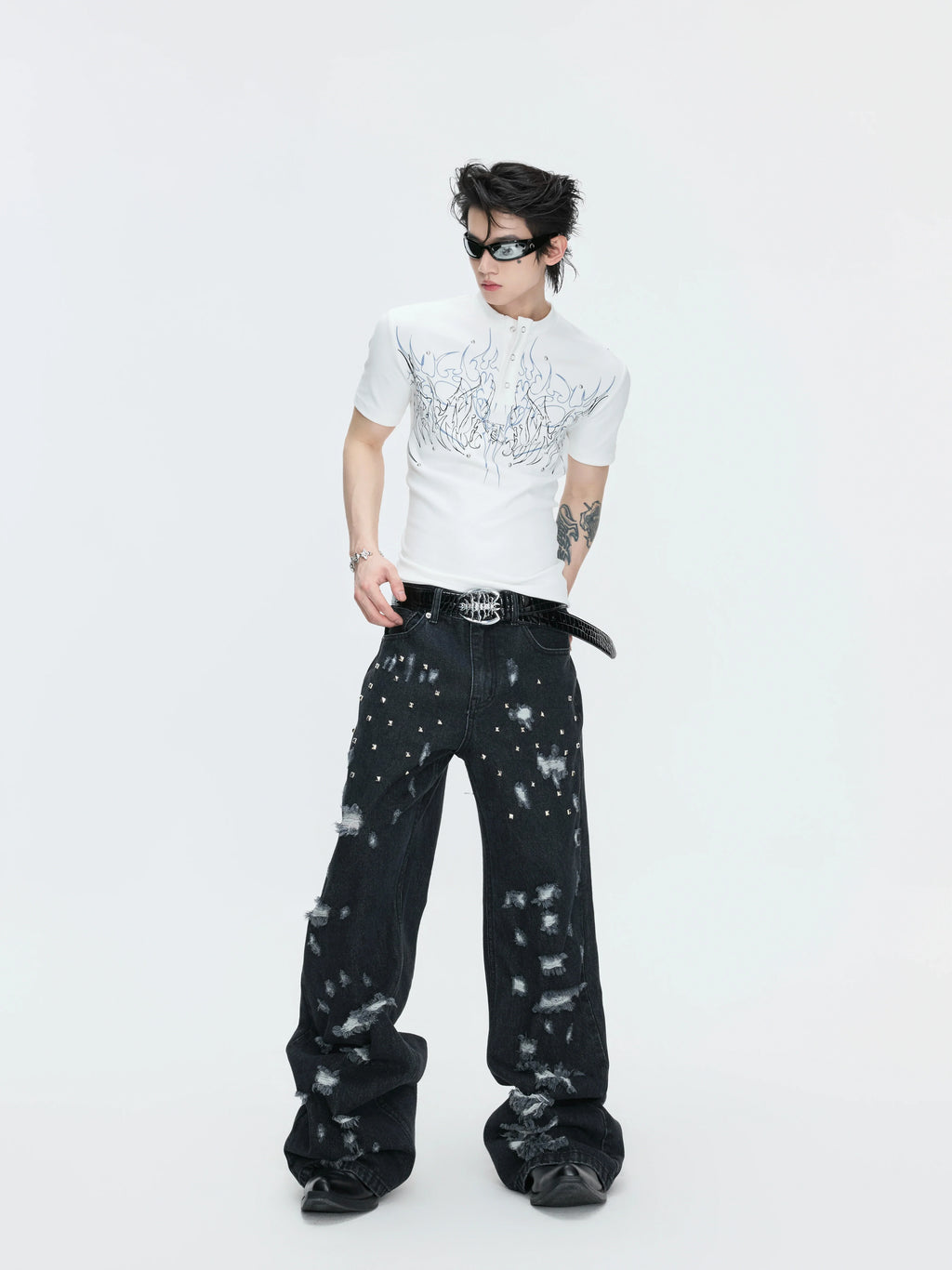 Gothic Flame Studded Slim Tee