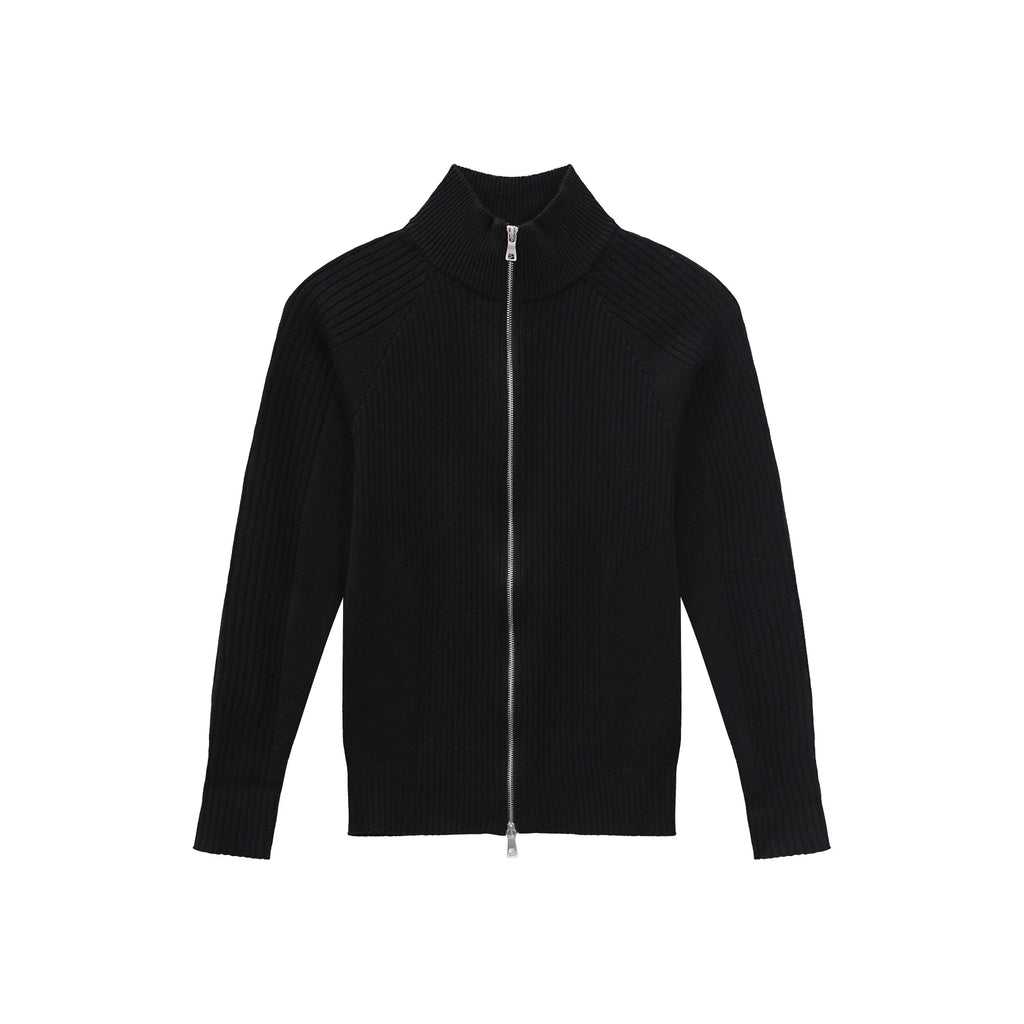 【26s Jan.】Slim-Fit Ribbed Stand Collar Double-Zip Knit Cardigan