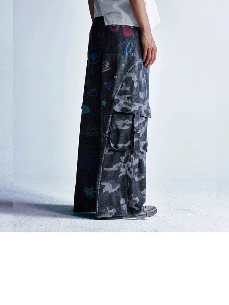 【25s Aug.】Vintage Cartoon Graffiti Camouflage Patchwork Jeans