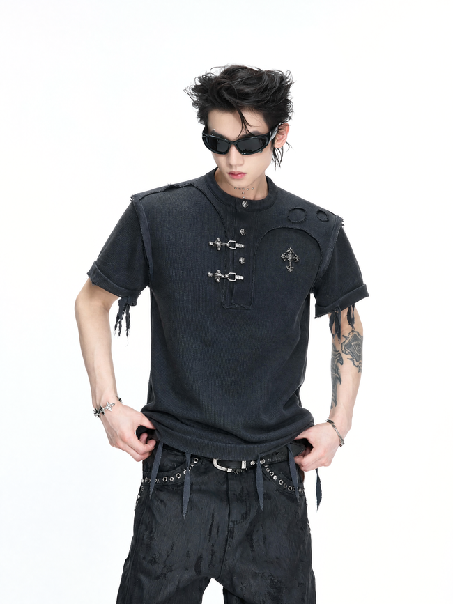 Distressed Rib Texture Henley Tee Hover Image