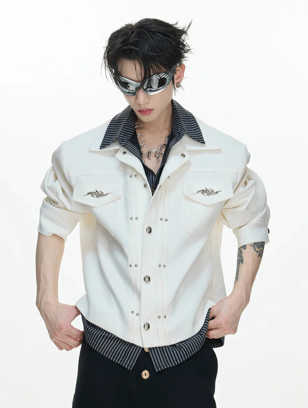 26s Feb.】Striped Faux-Layer Short Jacket
