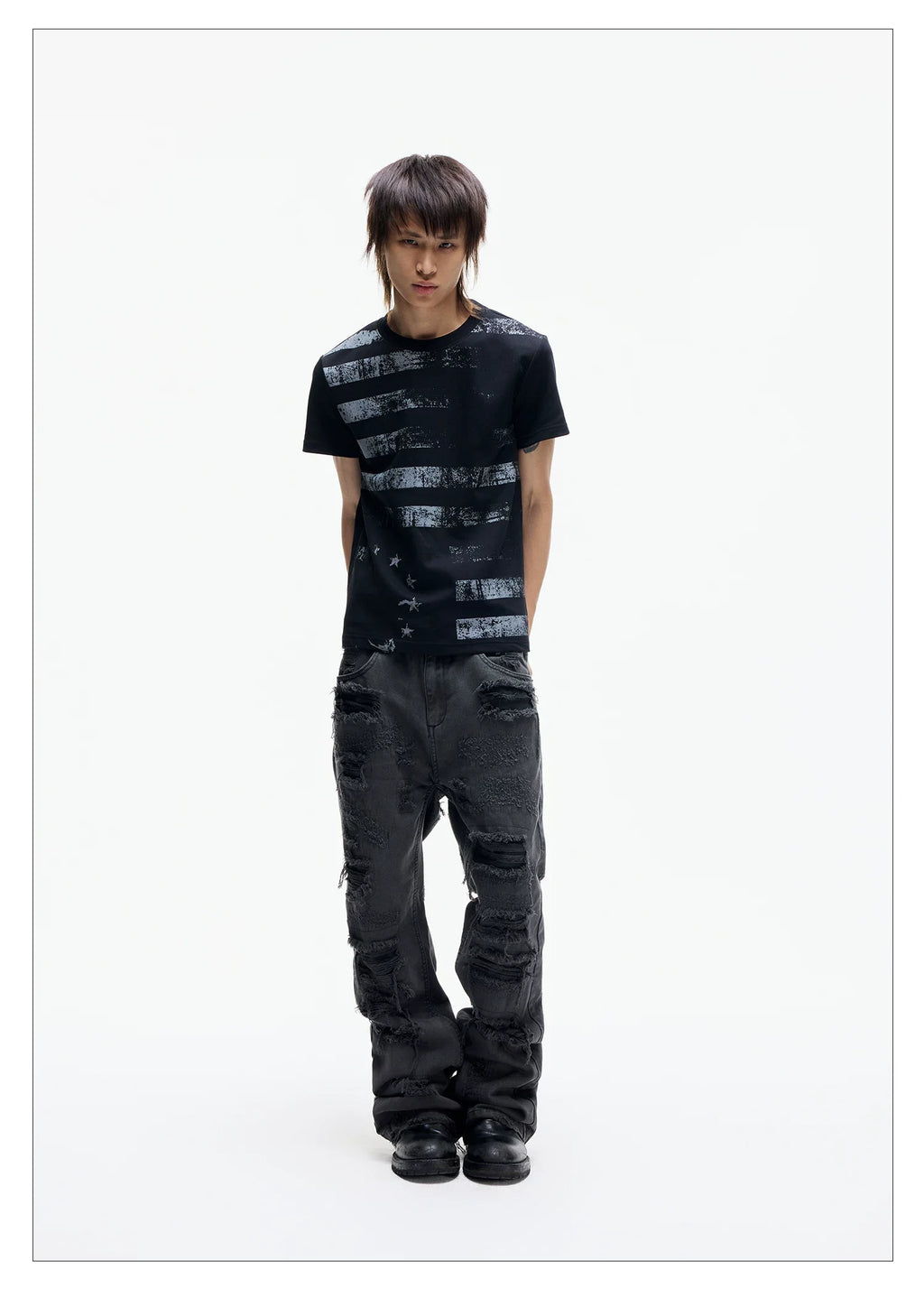 Distressed Raw Hem Slim Straight Jeans