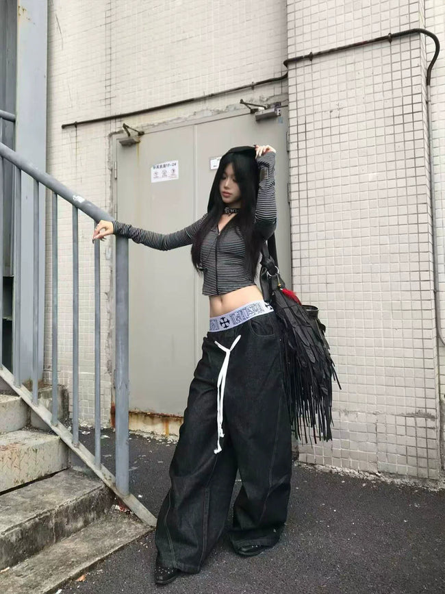 【26s Jan.】Boxing Velvet Curved Wide-Leg Denim Pants Hover Image