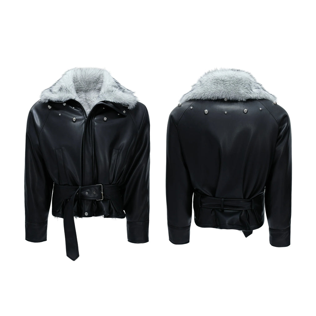【25s Nov.】Riveted Faux Wolf Fur Collar Thickened Cotton Coat