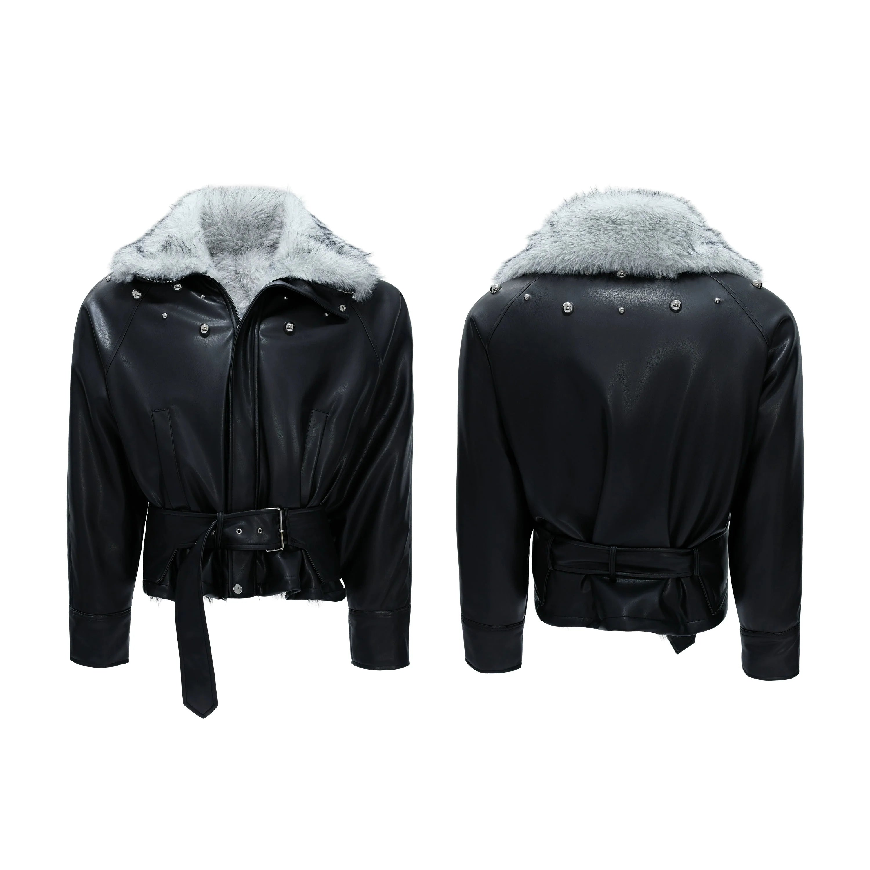 【25s Nov.】Riveted Faux Wolf Fur Collar Thickened Cotton Coat