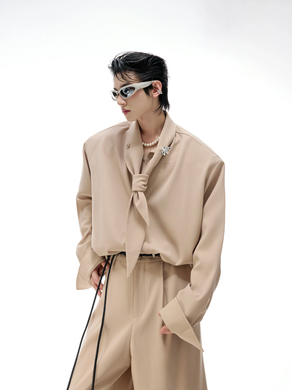 【26s Apr.】Scarf Shoulder Pad Shirt / Drape Wide-leg Pants