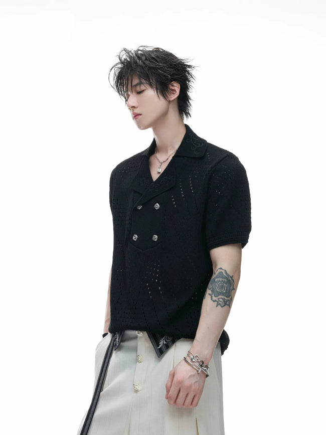 Openwork Embroidered Knit Polo Tee Main Image