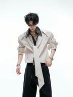 【25s Aug.】Diamond-embellished Ribbon-trimmed Shirt