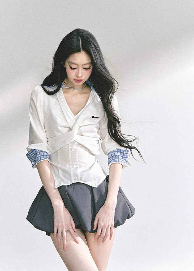 Siren Blanche Waist-Cinch V-Neck Blouse